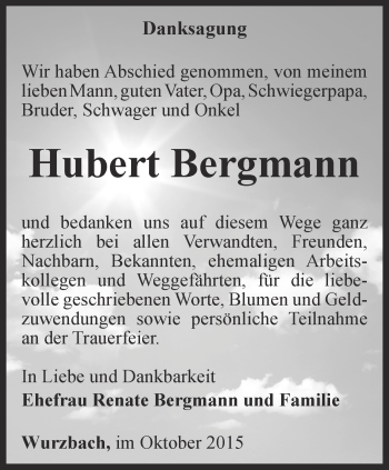 Traueranzeige von Hubert Bergmann von Ostthüringer Zeitung