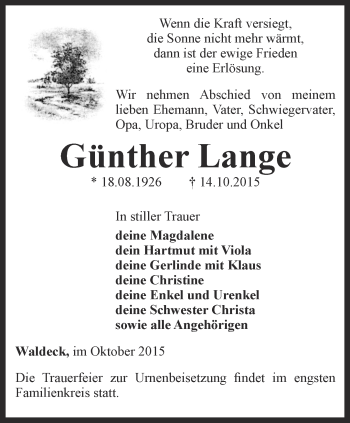 Traueranzeige von Günther Lange von Ostthüringer Zeitung