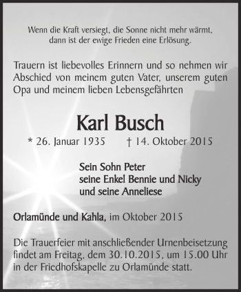 Traueranzeige von Karl Busch von Ostthüringer Zeitung, Thüringische Landeszeitung