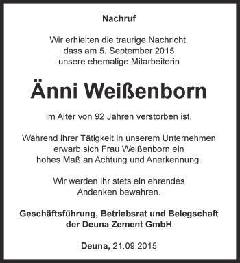 Traueranzeige von Änni Weißenborn von Thüringer Allgemeine