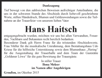 Traueranzeige von Hans Haitsch von Thüringer Allgemeine