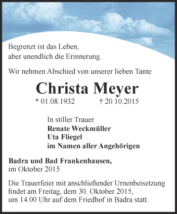 Traueranzeige von Christa Meyer von Thüringer Allgemeine