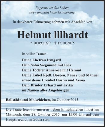 Traueranzeige von Helmut lllhardt von Ostthüringer Zeitung, Thüringische Landeszeitung