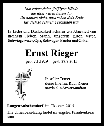 Traueranzeige von Ernst Rieger von Ostthüringer Zeitung