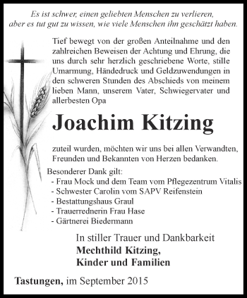 Traueranzeige von Joachim Kitzing von Thüringer Allgemeine
