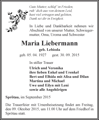 Traueranzeige von Maria Liebermann von Thüringer Allgemeine