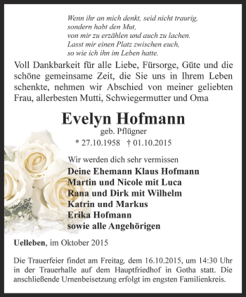 Traueranzeige von Evelyn Hofmann von Ostthüringer Zeitung, Thüringische Landeszeitung