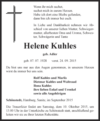 Traueranzeige von Helene Kuhles von Thüringer Allgemeine, Thüringische Landeszeitung