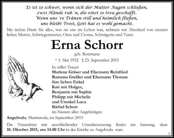 Traueranzeige von Erna Schorr von Thüringer Allgemeine