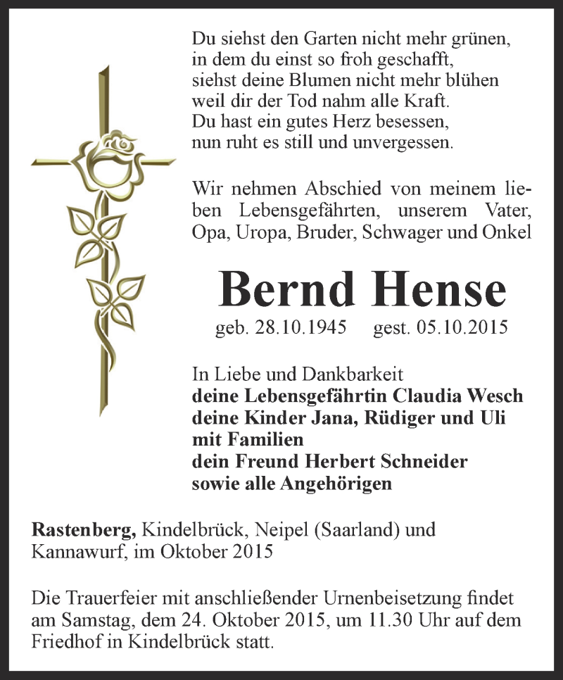  Traueranzeige für Bernd Hense vom 13.10.2015 aus Thüringer Allgemeine