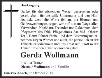 Traueranzeige von Gerda Wollmann von Ostthüringer Zeitung