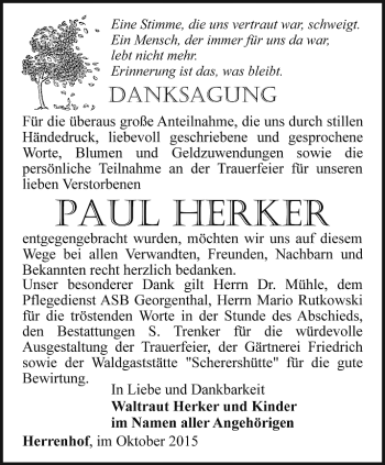 Traueranzeige von Paul Herker von Ostthüringer Zeitung, Thüringische Landeszeitung