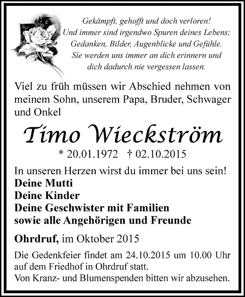  Traueranzeige für Timo Wieckström vom 17.10.2015 aus Ostthüringer Zeitung, Thüringische Landeszeitung