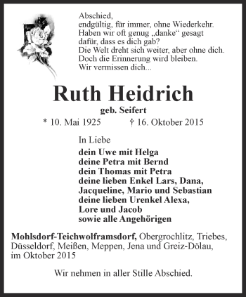 Traueranzeige von Ruth Heidrich von Ostthüringer Zeitung