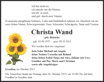 Traueranzeige von Christa Wand von Thüringer Allgemeine