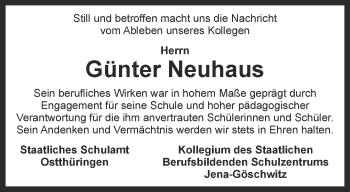 Traueranzeige von Günter Neuhaus von Ostthüringer Zeitung, Thüringische Landeszeitung