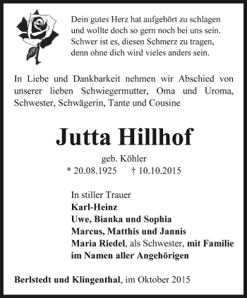 Traueranzeige von Jutta Hillhof von Thüringer Allgemeine, Thüringische Landeszeitung