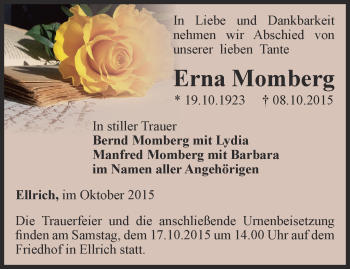 Traueranzeige von Erna Momberg von Thüringer Allgemeine