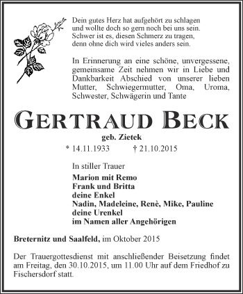 Traueranzeige von Gertraud Beck von Ostthüringer Zeitung