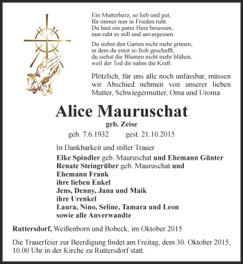 Traueranzeige von Alice Mauruschat von Ostthüringer Zeitung