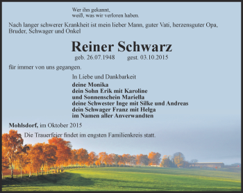 Traueranzeige von Reiner Schwarz von Ostthüringer Zeitung