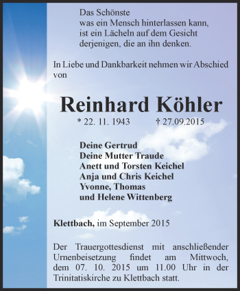 Traueranzeige von Reinhard Köhler