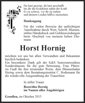 Traueranzeige von Horst Hornig von Thüringer Allgemeine
