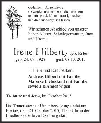 Traueranzeige von Irene Hilbert von Ostthüringer Zeitung, Thüringische Landeszeitung