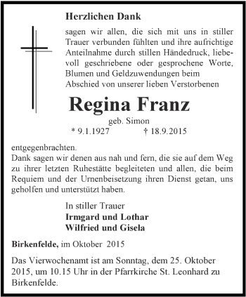 Traueranzeige von Franz Regina von Thüringer Allgemeine