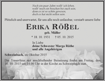 Traueranzeige von Erika Rößel von Ostthüringer Zeitung