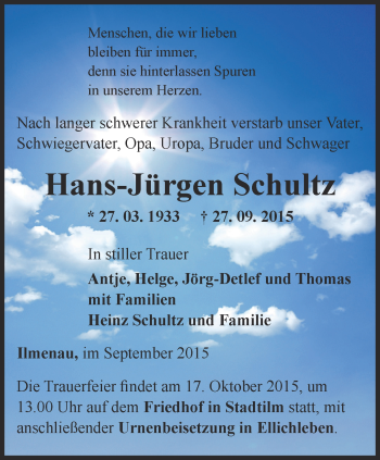 Traueranzeige von Hans-Jürgen Schultz von Thüringer Allgemeine