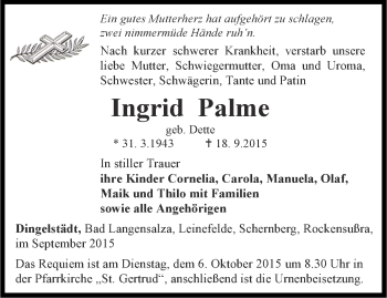 Traueranzeige von Ingrid Palme von Thüringer Allgemeine