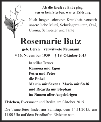 Traueranzeige von Rosemarie Batz von Thüringer Allgemeine, Thüringische Landeszeitung