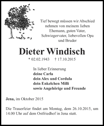 Traueranzeige von Dieter Windisch von Ostthüringer Zeitung, Thüringische Landeszeitung