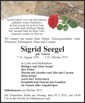 Traueranzeige von Sigrid Seegel von Thüringer Allgemeine, Thüringische Landeszeitung