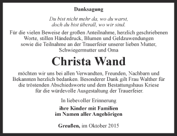 Traueranzeige von Christa Wand von Thüringer Allgemeine