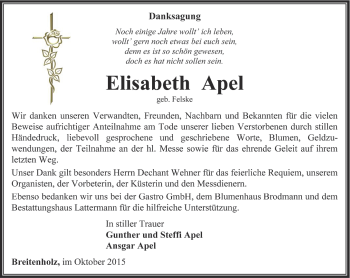 Traueranzeige von Elisabeth Apel von Thüringer Allgemeine