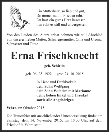 Traueranzeige von Erna Frischknecht von Thüringer Allgemeine