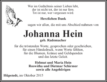 Traueranzeige von Johanna Hein von Thüringer Allgemeine, Thüringische Landeszeitung