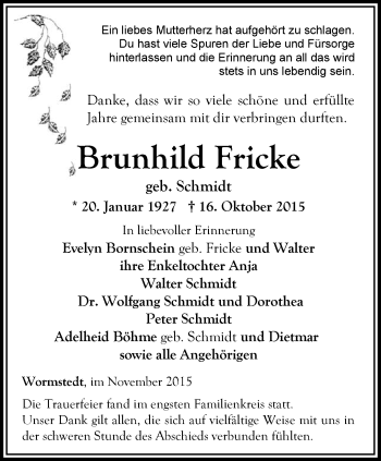 Traueranzeige von Brunhild Fricke von Thüringer Allgemeine, Thüringische Landeszeitung