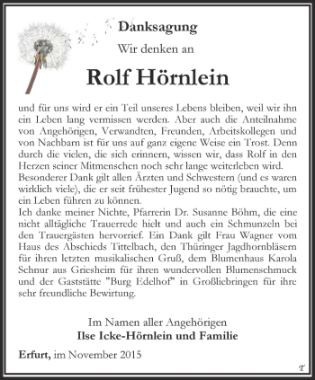Traueranzeige von Rolf Hörnlein von Thüringer Allgemeine, Thüringische Landeszeitung