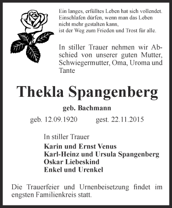 Traueranzeige von Thekla Spangenberg von Thüringer Allgemeine, Thüringische Landeszeitung