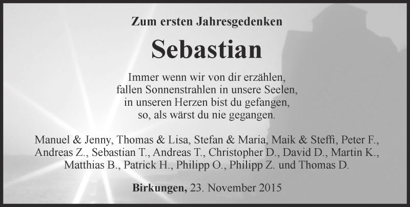  Traueranzeige für Sebastian Hanft vom 23.11.2015 aus Thüringer Allgemeine