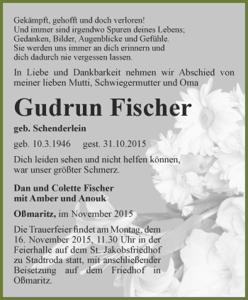 Traueranzeige von Gudrun Fischer von Ostthüringer Zeitung