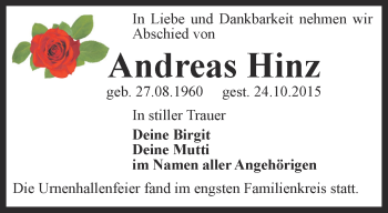 Traueranzeige von Andreas Hinz