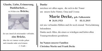 Traueranzeige von Marie Decke von Ostthüringer Zeitung, Thüringische Landeszeitung