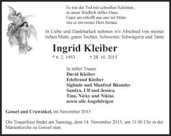 Traueranzeige von Ingrid Kleiber von Thüringer Allgemeine