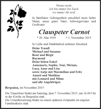 Traueranzeige von Clauspeter Carnot von Thüringer Allgemeine, Thüringische Landeszeitung