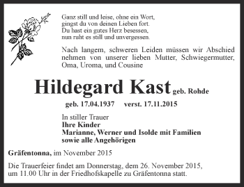 Traueranzeige von Hildegard Kast von Thüringer Allgemeine, Thüringische Landeszeitung