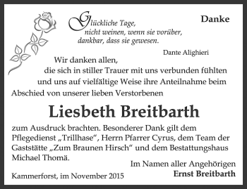 Traueranzeige von Liesbeth Breitbarth von Thüringer Allgemeine, Thüringische Landeszeitung